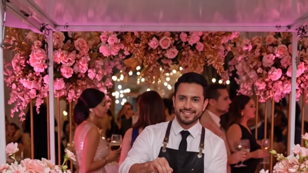 Barra con flores en un evento nocturno
